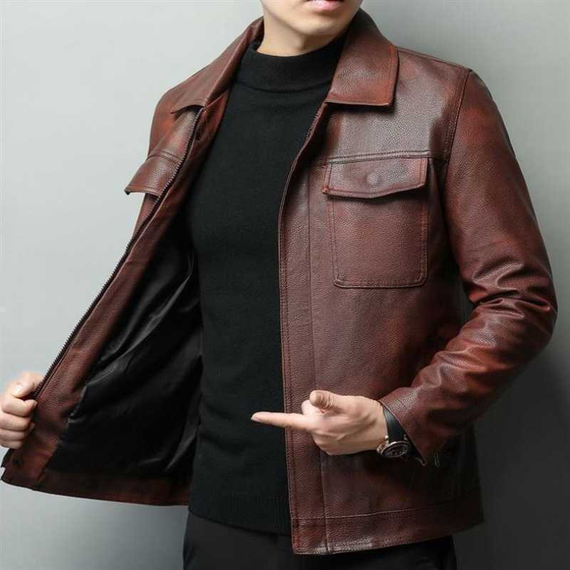Cowhide Rug Faux - 빈티지 브라운 소가죽 바이커 재킷 남성용