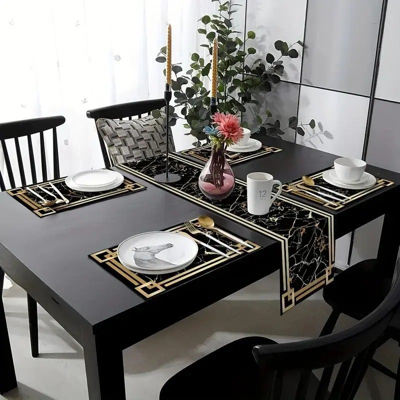 Linen Table Runner - VIKAMA 블랙 골드 대리석 테이블 러너