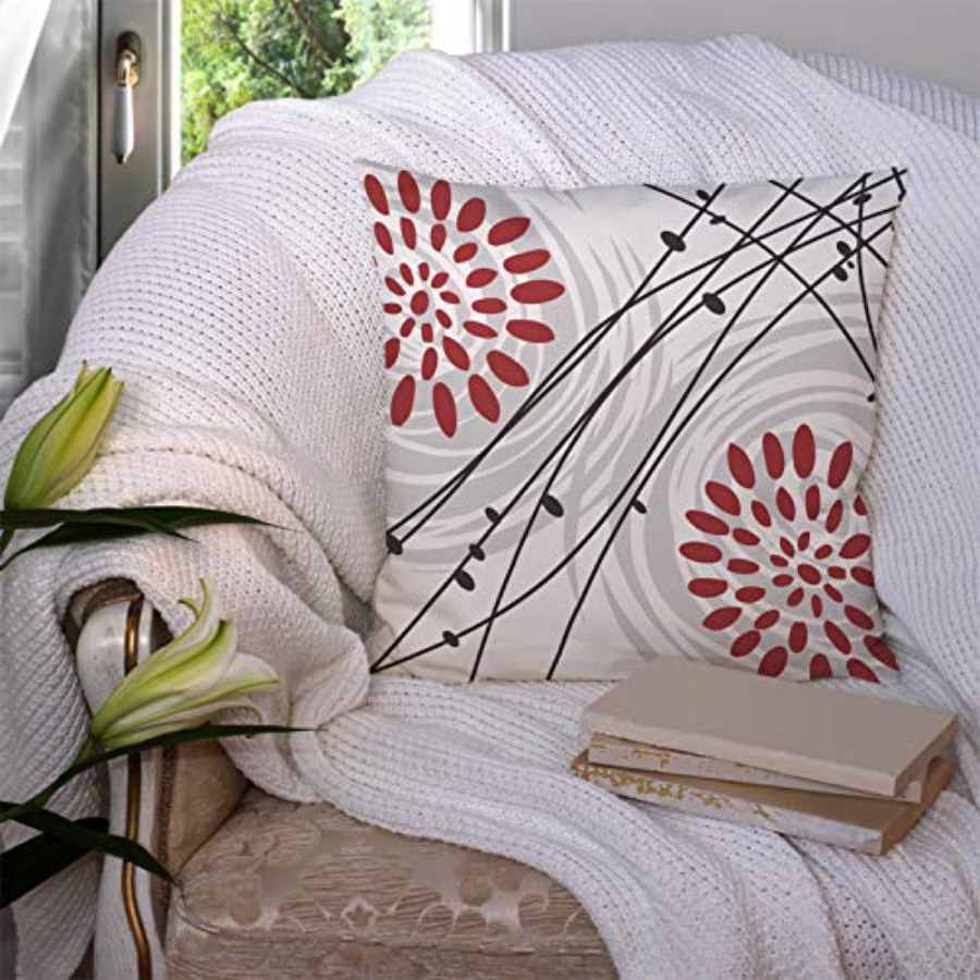 블랙 볼드 레드 플로럴 디자인 그레이 홈 코튼 린넨 장 - Decorative Throw Pillow 리뷰 및 가격
